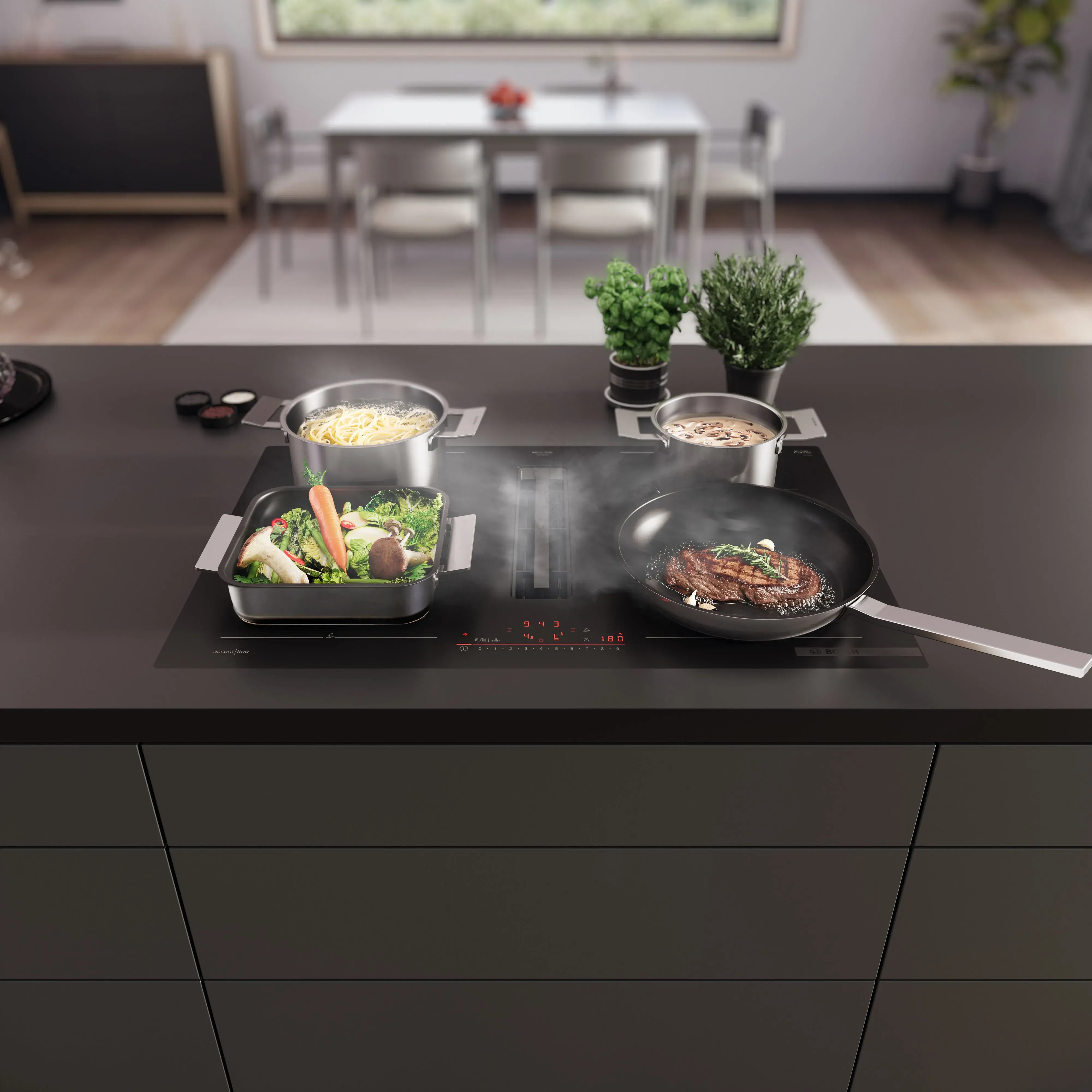 Bosch Matt Design GlassProtect Kochfeld mit integriertem Dunstabzug und Flex Zone